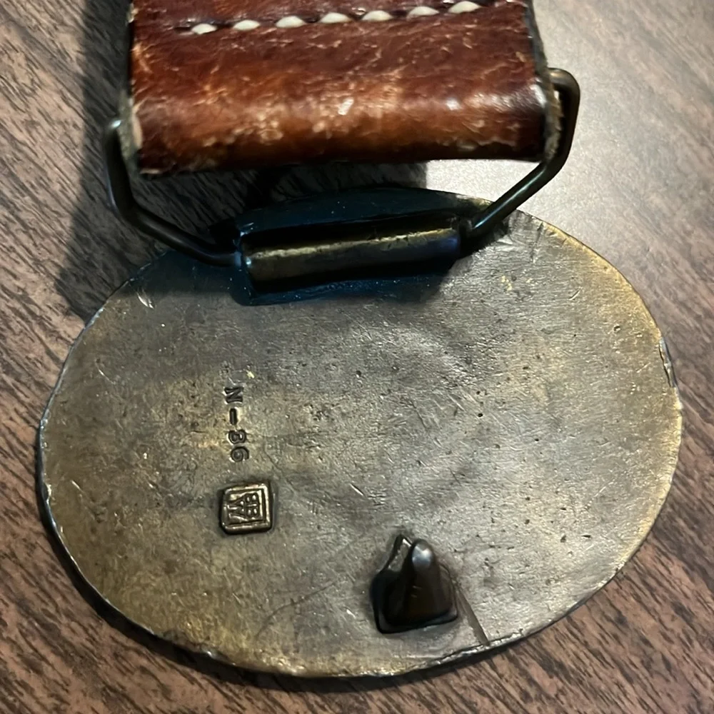 VINTAGE Wells Fargo Brass Buckle Brown Leather Belt Size 30
